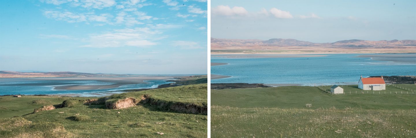 Die Landschaft an der Bucht Loch Gruinart ist ganz besonders schön. Die Bucht ist bei Ebbe an vielen Stellen kaum mit Wasser gefüllt was wunderschön aussieht.