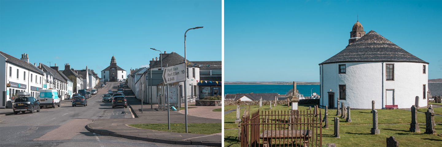 Round Church Bowmore ist eine runde Kirche - sie liegt auf einem Hügel und neben einer tollen Aussicht über die Ortschaft und das Meer