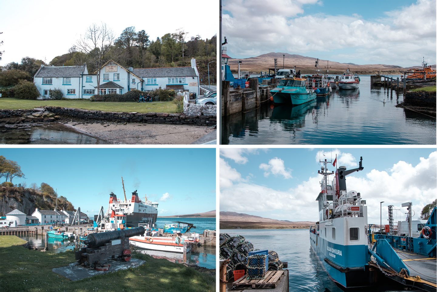 Port Askaig Hotel und Hafen. Von hier setzt eine kleine Autofähre auf die Insel Jura über. Auch große Schiffe legen hier an.