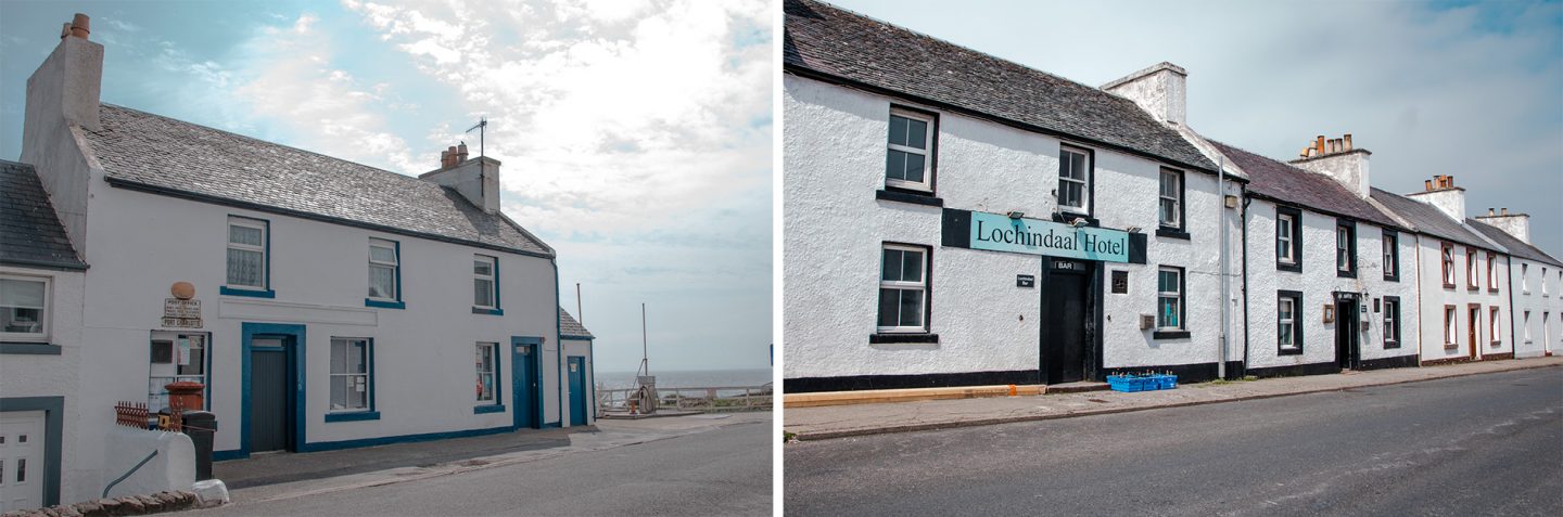 Lochindaal Hotel und Bar in Port Charlotte ist excellent zum Essen und genießen in gemütlicher Atmosphäre mit Kamin. Die kleine Tankstelle ist die einzige der Insel Islay, die 24 Std. geöffnet ist.