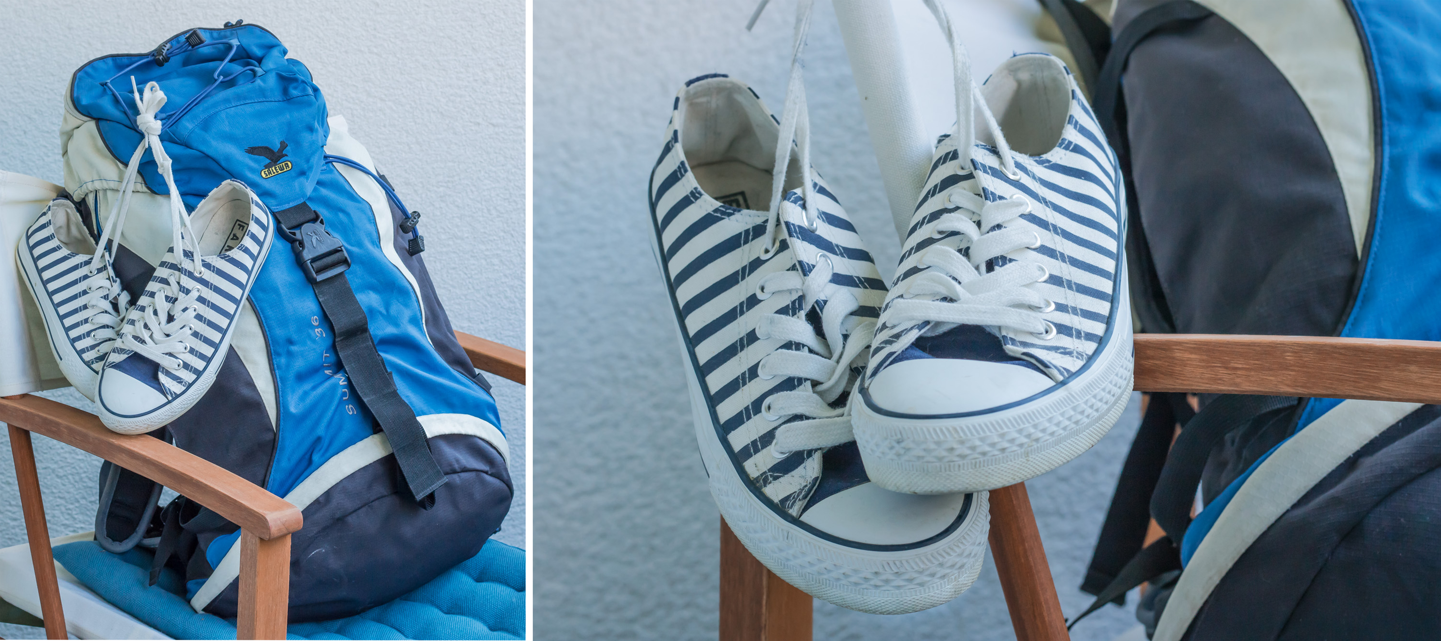 Mein Rucksack und meine Turnschuhe - weiß mit blauen Streifen. Wenig Gepäck ist das was zähltbeim Inselhüpfen, um flexibel zu sein.