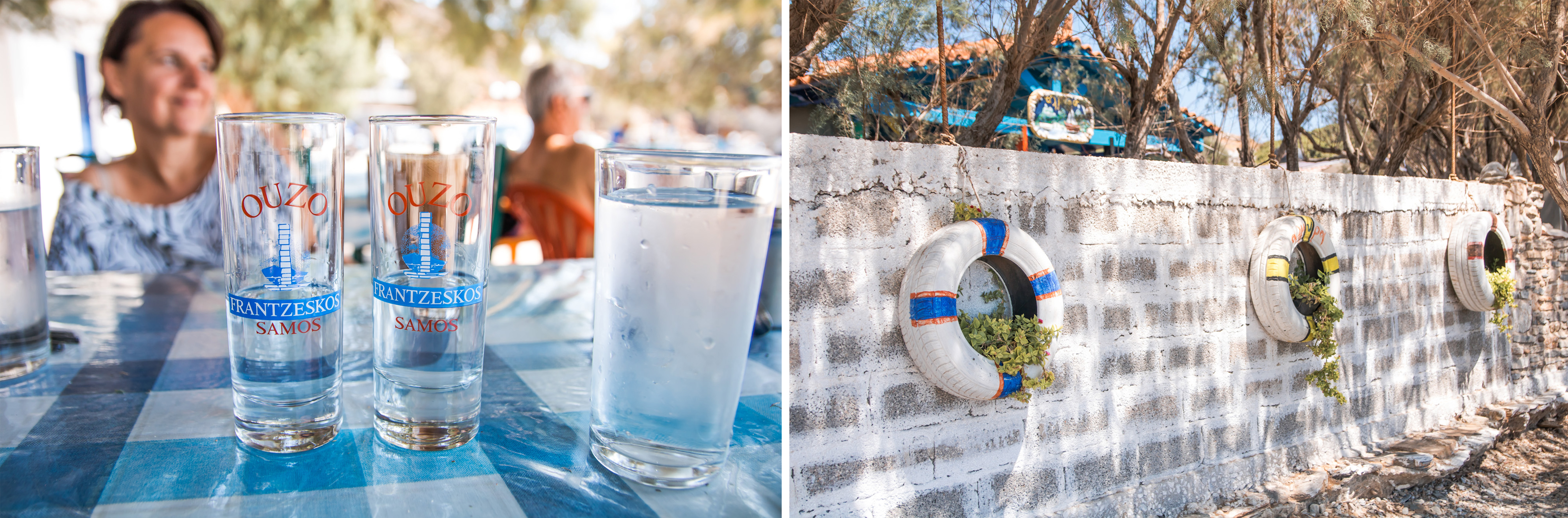 gemütliche Plätze in der Taverne und am Strand - wir trinken Wasser und ouzo mit Blick aufs Meer - Fourni ist Gelassenheit pur