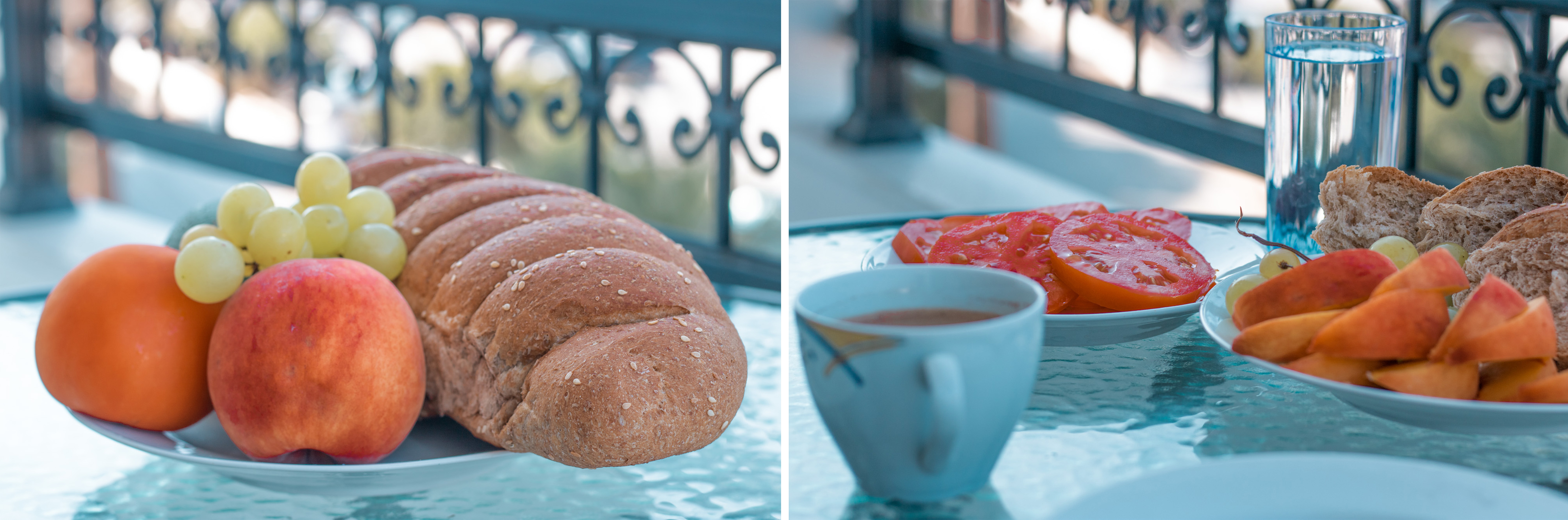 In Fourni machen wir selbst Frühstück am Balkon - es gibt Brot, Tomaten, Nektarine, Weintrauben und griechischen Kaffee - wir leben vegan