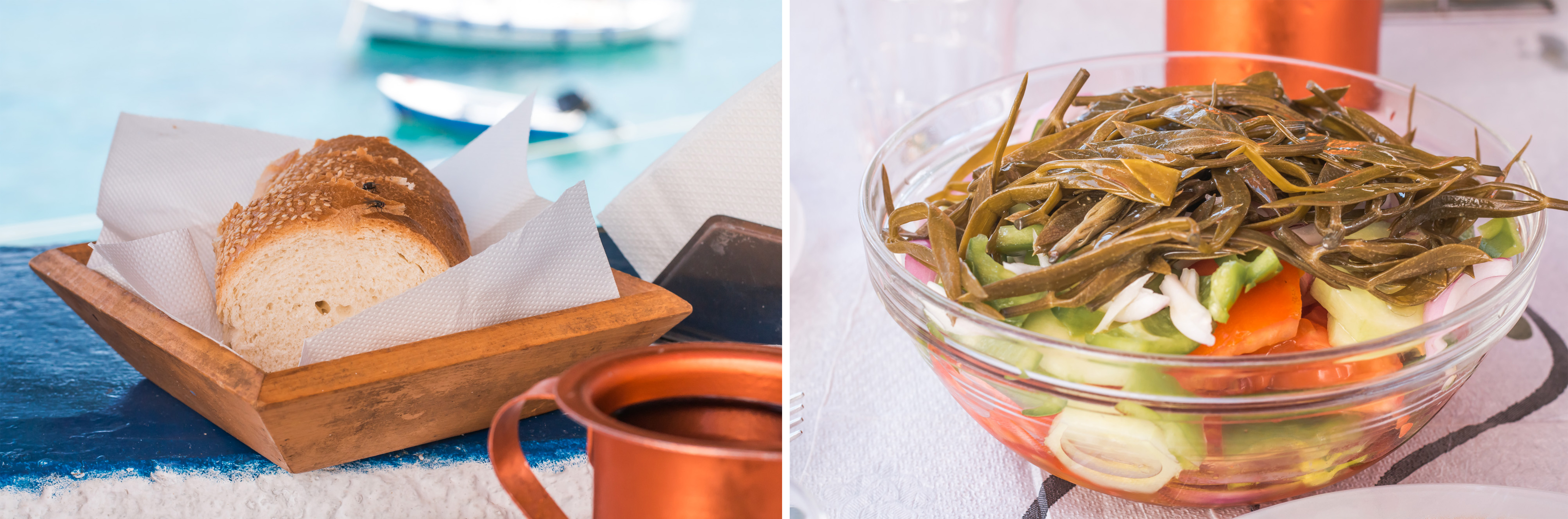 Das Essen in der Taverne - einfach und genussvoll - griechischer Sala, Brot und Wein