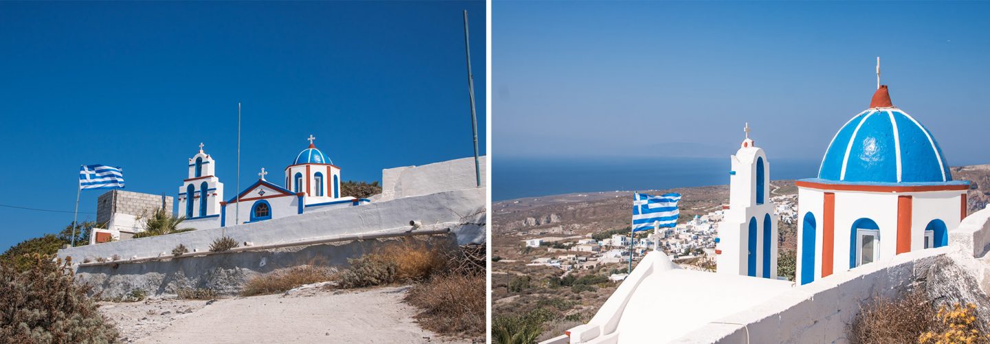 Thirassia - die Kirche Agios Charalampos liegt ganz oben auf der Caldera mit traumhaft schönem Blick auf den Hauptort Manolas.